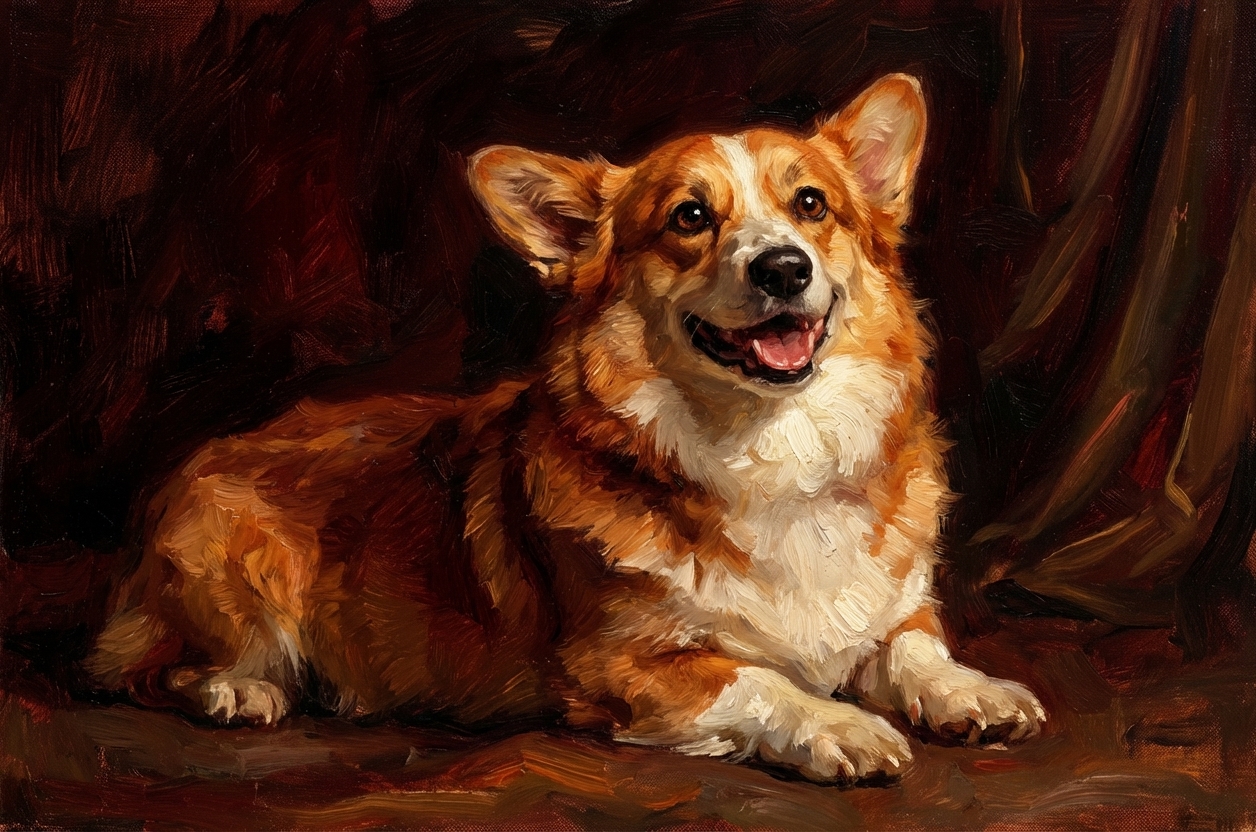 Timeless oil portrait of a Corgi